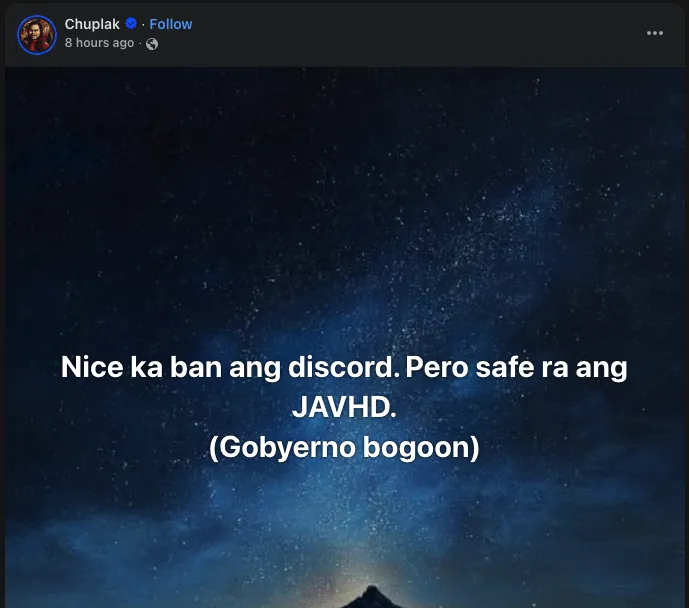 Facebook post by Chuplak in Bisaya: Discord is banned, but an adult site is still accessible.