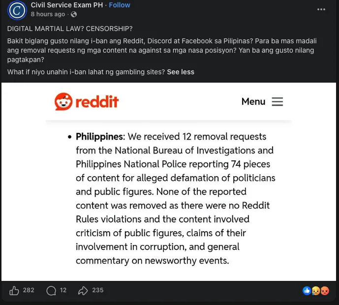 Facebook post by Civil Service Exam PH asking whether this is digital martial law, with an excerpt of a Reddit transparency report about 12 removal requests from the NBI and PNP over alleged defamation of politicians, none of which were removed.