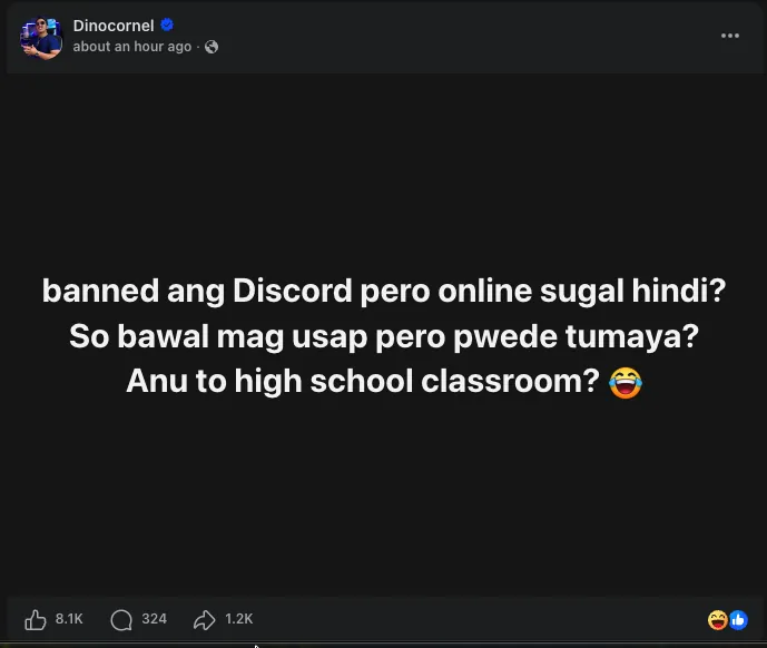 Facebook post by Dinocornel: Discord is banned but online gambling isn't? So you can't talk but you can bet?