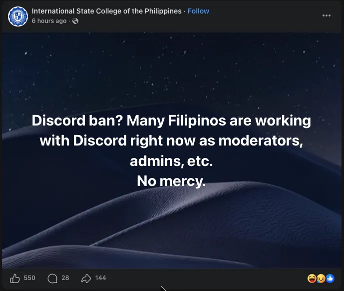 Facebook post by International State College of the Philippines: Many Filipinos are working with Discord right now as moderators, admins and more.