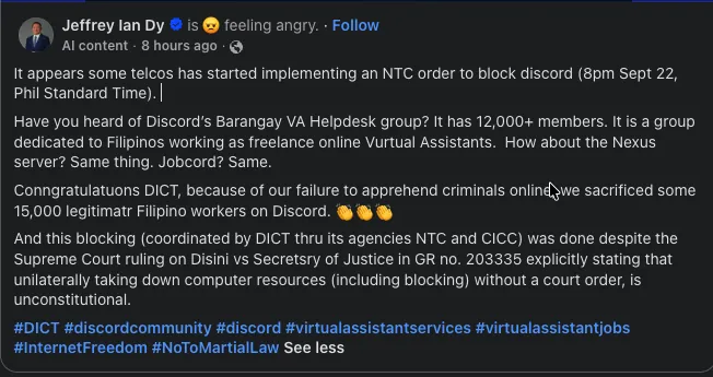 Facebook post by Jeffrey Ian Dy: some telcos started implementing an NTC order to block Discord at 8pm Sept 22. He says 15,000 legitimate Filipino workers were sacrificed and cites the Supreme Court ruling in Disini v. Secretary of Justice.